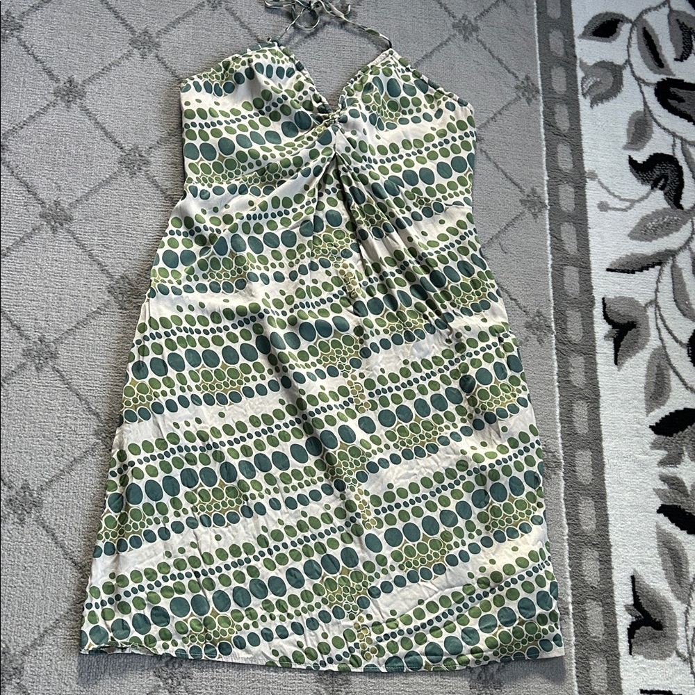 Elegant Josef  Green and White Silk Halter Dress